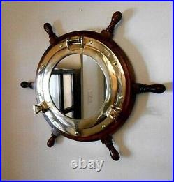 18'' Handmade Nautical Porthole Captain ship wheel Decal Wooden Wall Mirror