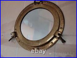 Antique 18'' Porthole Mirror Ship Brass Open Locks Window Maritime Rare Old 20th