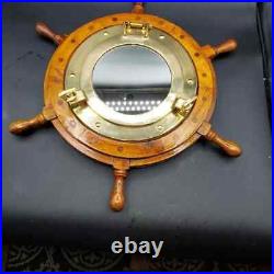 Vintage Nautical Wood & Metal Ships Wheel Porthole Beach Ocean Decor Wall Mirror