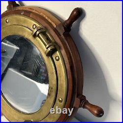 Vintage Solid Brass Ships Port Hole With Mirror And Wooden Ships Wheel