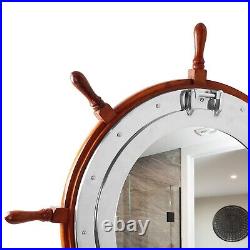 Wooden Ship Wheel with Nickel Polished Porthole Mirror Mounted Home & Wall Decor