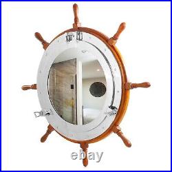 Wooden Ship Wheel with Nickel Polished Porthole Mirror Mounted Home & Wall Decor